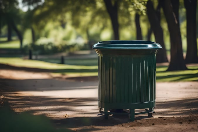 Park with an open steel trash can side view - AdobeStock_698422643 - June 2024 Blog
