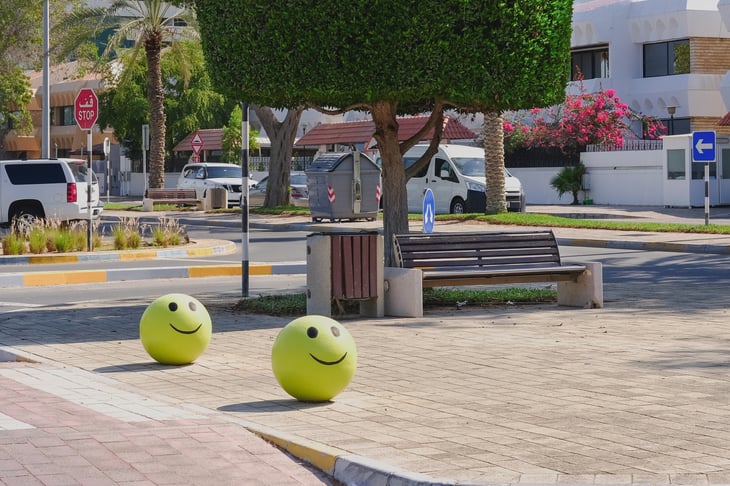 Road parking bollards. Protective parking barrier balls on street. - AdobeStock_428843121 - June 2024 Blog